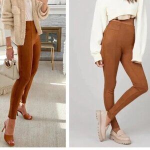 SPANX MID RISE FAUX SUEDE LEGGINGS STRETCH FITTED SEAMED RICH CARAMEL sz S